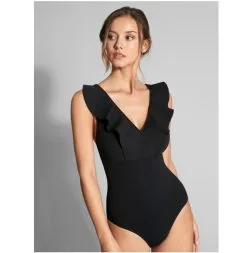 Empreinte Maillot Une Pièce Décolleté V Noir Avec Volants Wave -Maillots Femmes Soldes WAVE BODY FACE