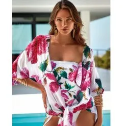 ROIDAL Maillot Bustier Une Pièce Fleuri Fond Blanc Romantic